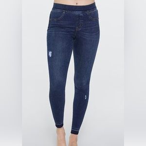 SPANX Pull On Leggings Women Petite Small Blue Skinny Distressed Raw Hem Jean